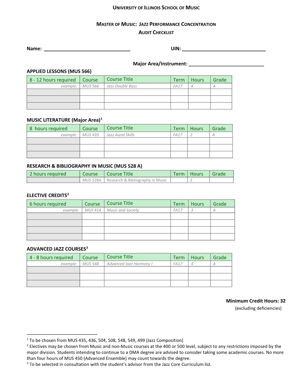 Major Area/Instrument: ______APPLIED LESSONS (MUS 566) 8 - 12 Hours Required Course Course Title Term Hours Grade Example: MUS 566 Jazz Double Bass FA17 4 A