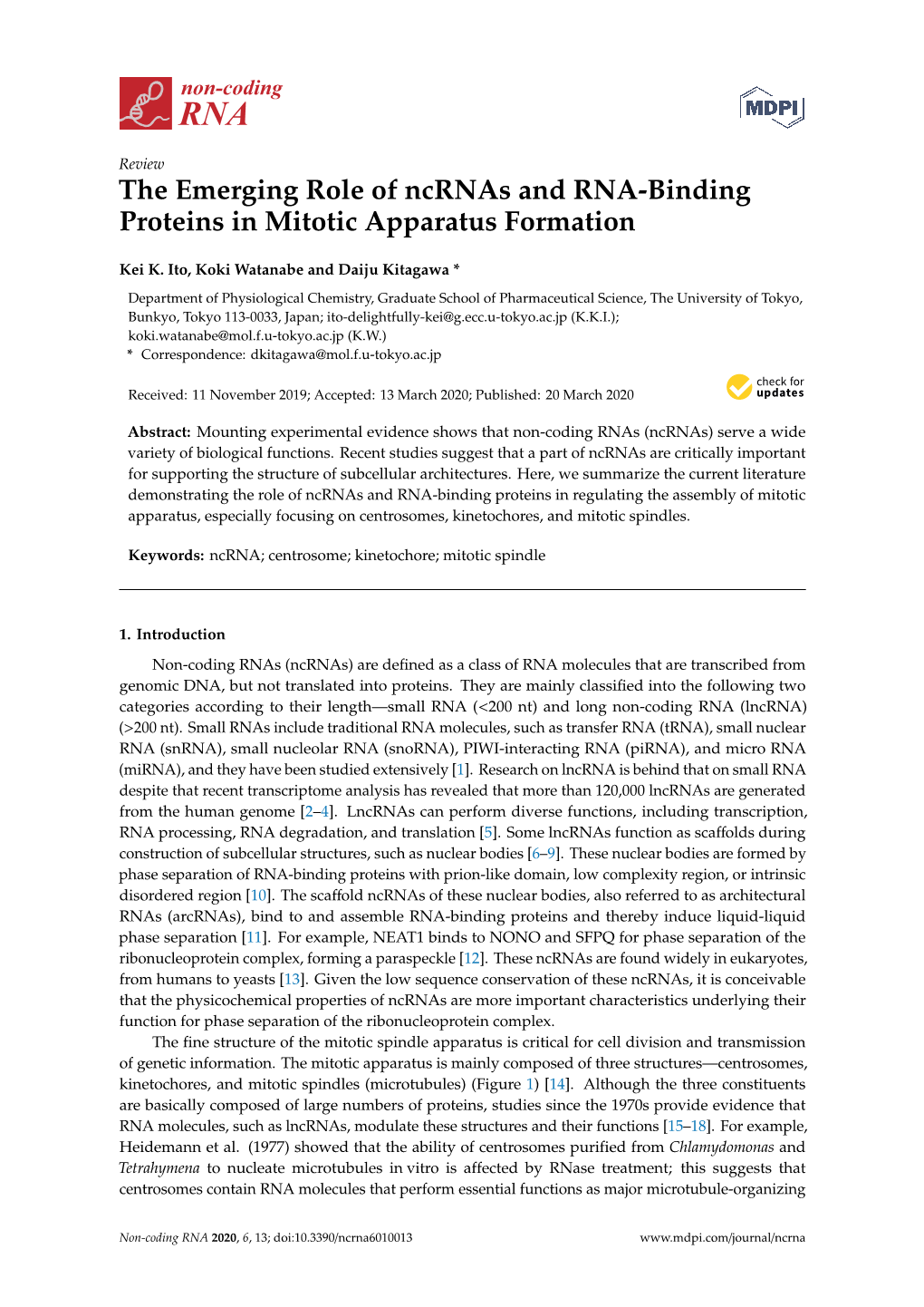 The Emerging Role of Ncrnas and RNA-Binding Proteins in Mitotic Apparatus Formation