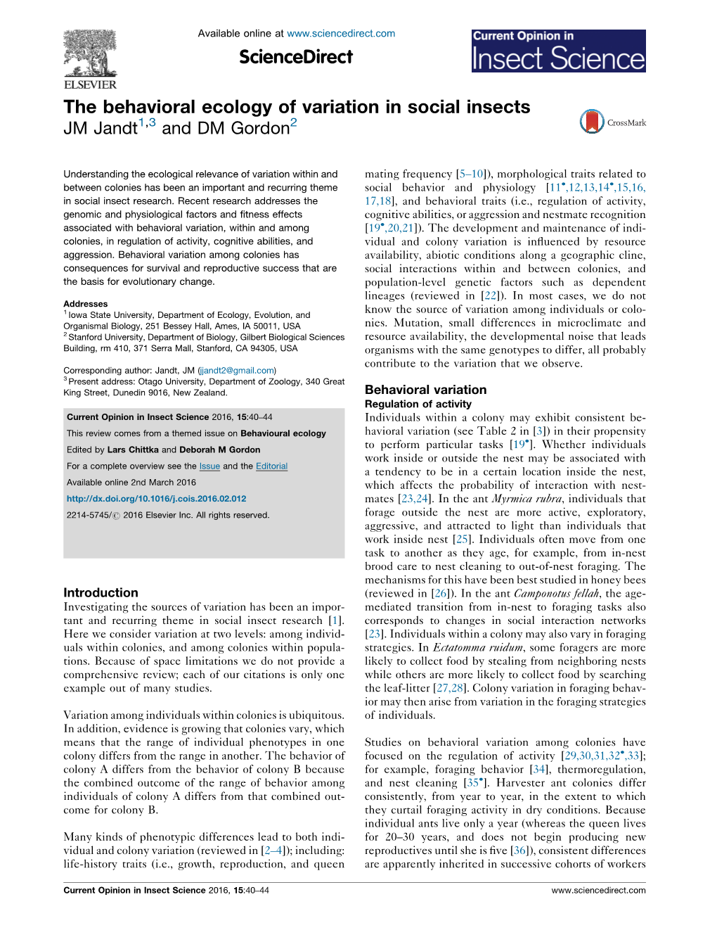 The Behavioral Ecology of Variation in Social Insects