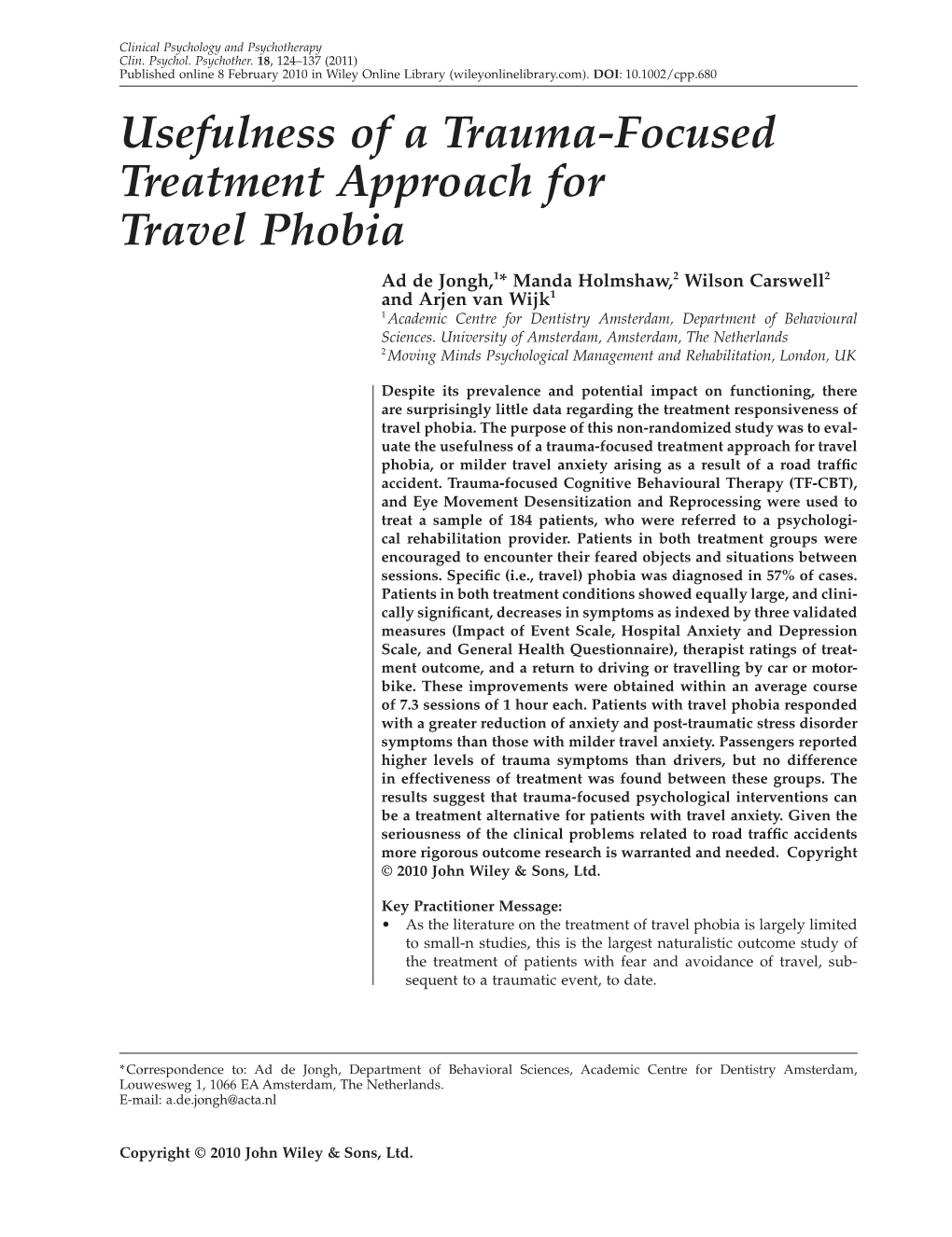 Usefulness of a Traumafocused Treatment Approach for Travel Phobia