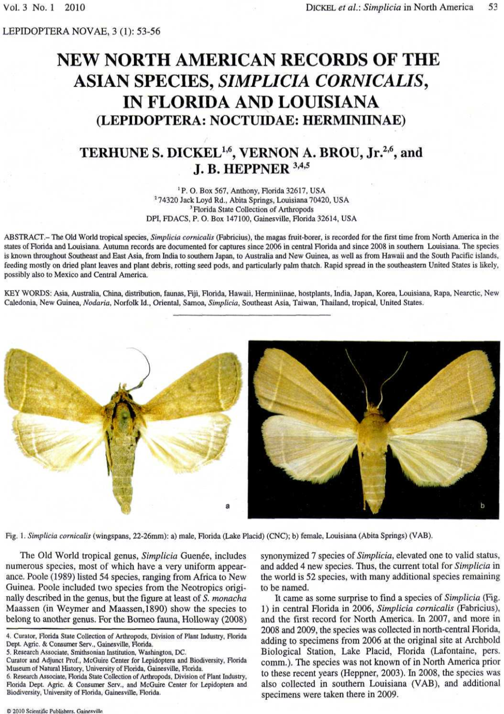 New North American Records of the Asian Species, Simplicia Cornicalis, in Florida and Louisiana (Lepidoptera: Noctuidae: Herminiinae) / - Terhune S