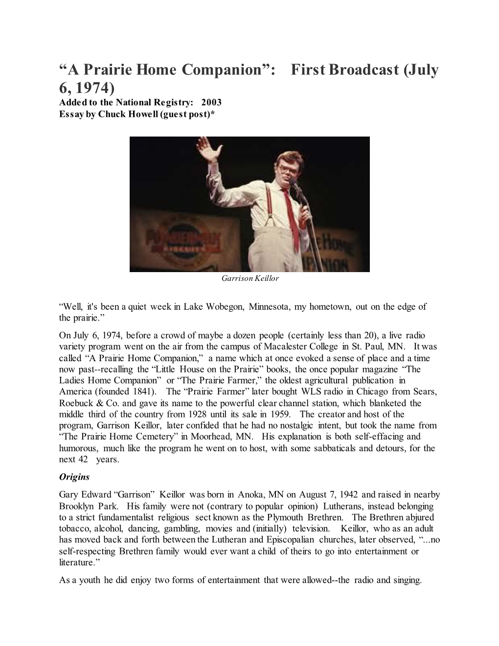 A Prairie Home Companion”: First Broadcast (July 6, 1974) Added to the National Registry: 2003 Essay by Chuck Howell (Guest Post)*