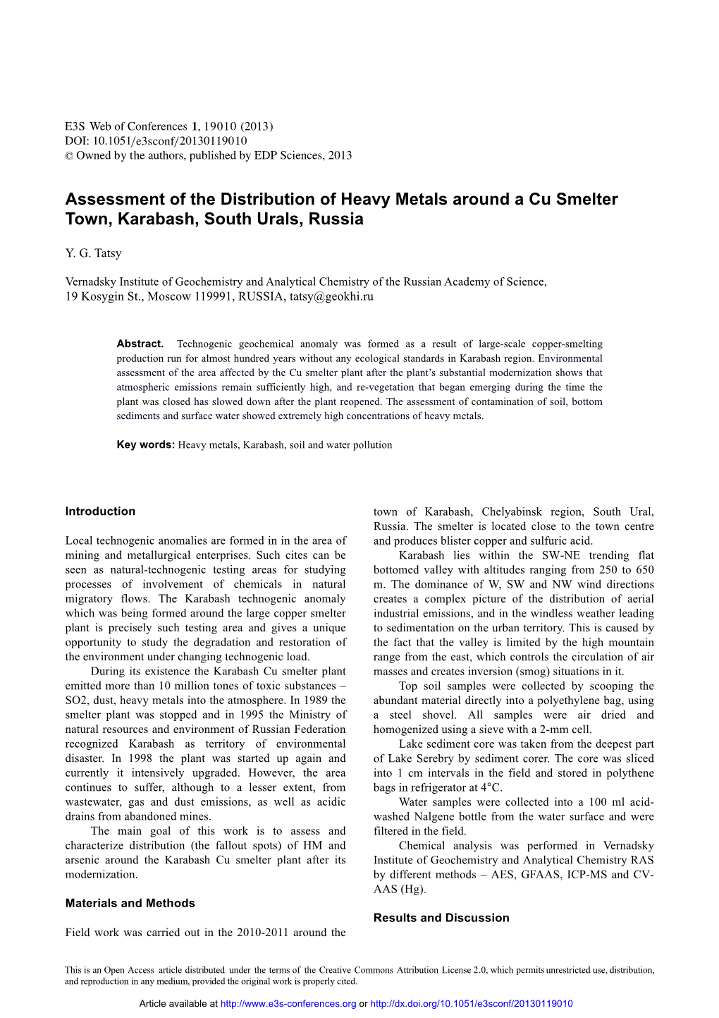 Assessment of the Distribution of Heavy Metals Around a Cu Smelter Town, Karabash, South Urals, Russia