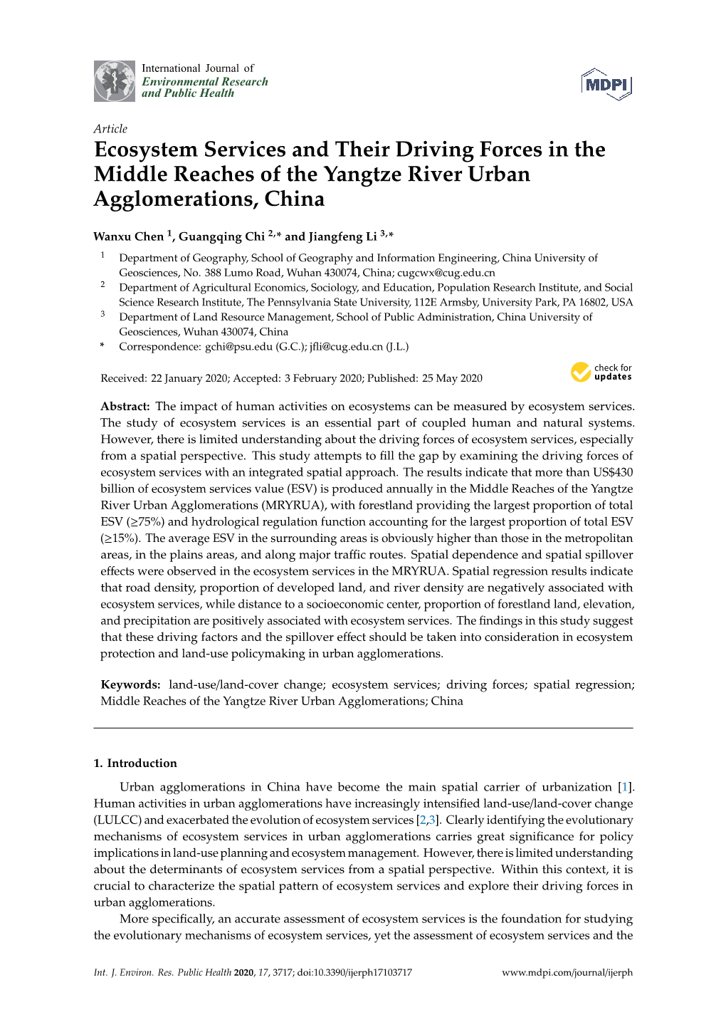 Ecosystem Services and Their Driving Forces in the Middle Reaches of the Yangtze River Urban Agglomerations, China