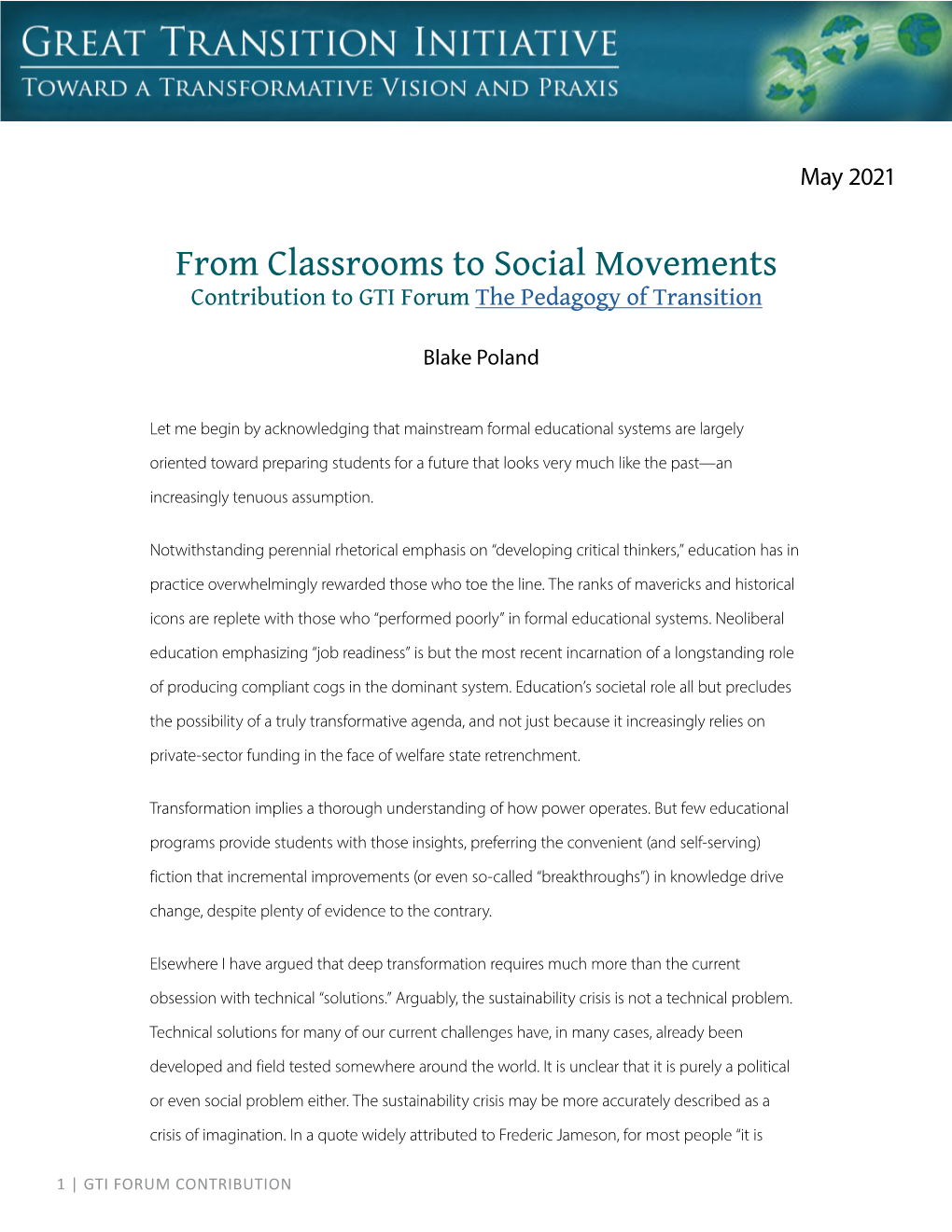 From Classrooms to Social Movements Contribution to GTI Forum the Pedagogy of Transition