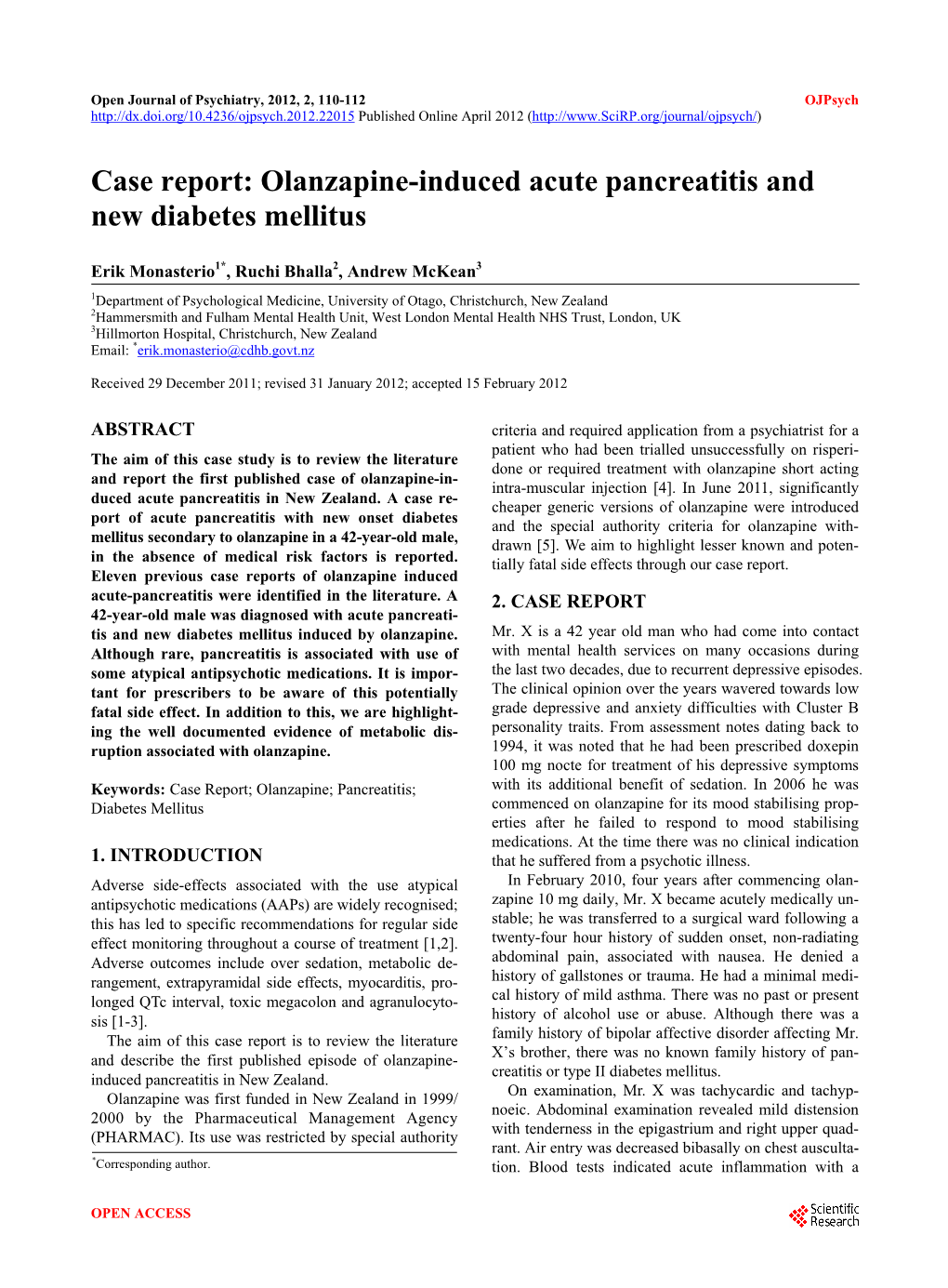 Olanzapine-Induced Acute Pancreatitis and New Diabetes Mellitus