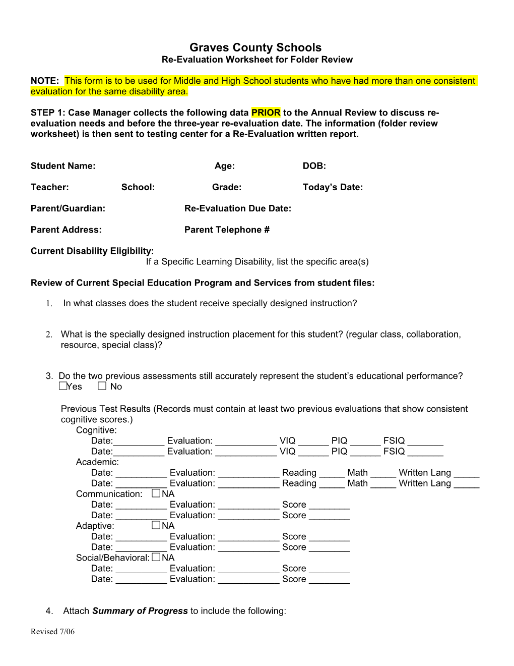 Re-Evaluation Worksheet