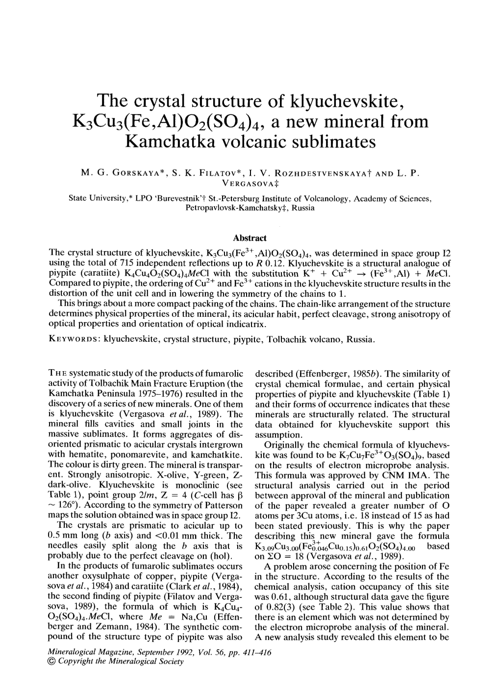 The Crystal Structure of Klyuchevskite, K3cu3(Fe,A1)O2(SO4)4, a New Mineral from Kamchatka Volcanic Sublimates