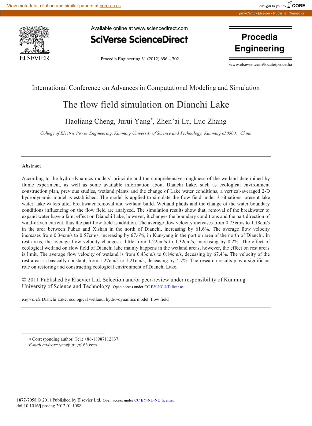 The Flow Field Simulation on Dianchi Lake