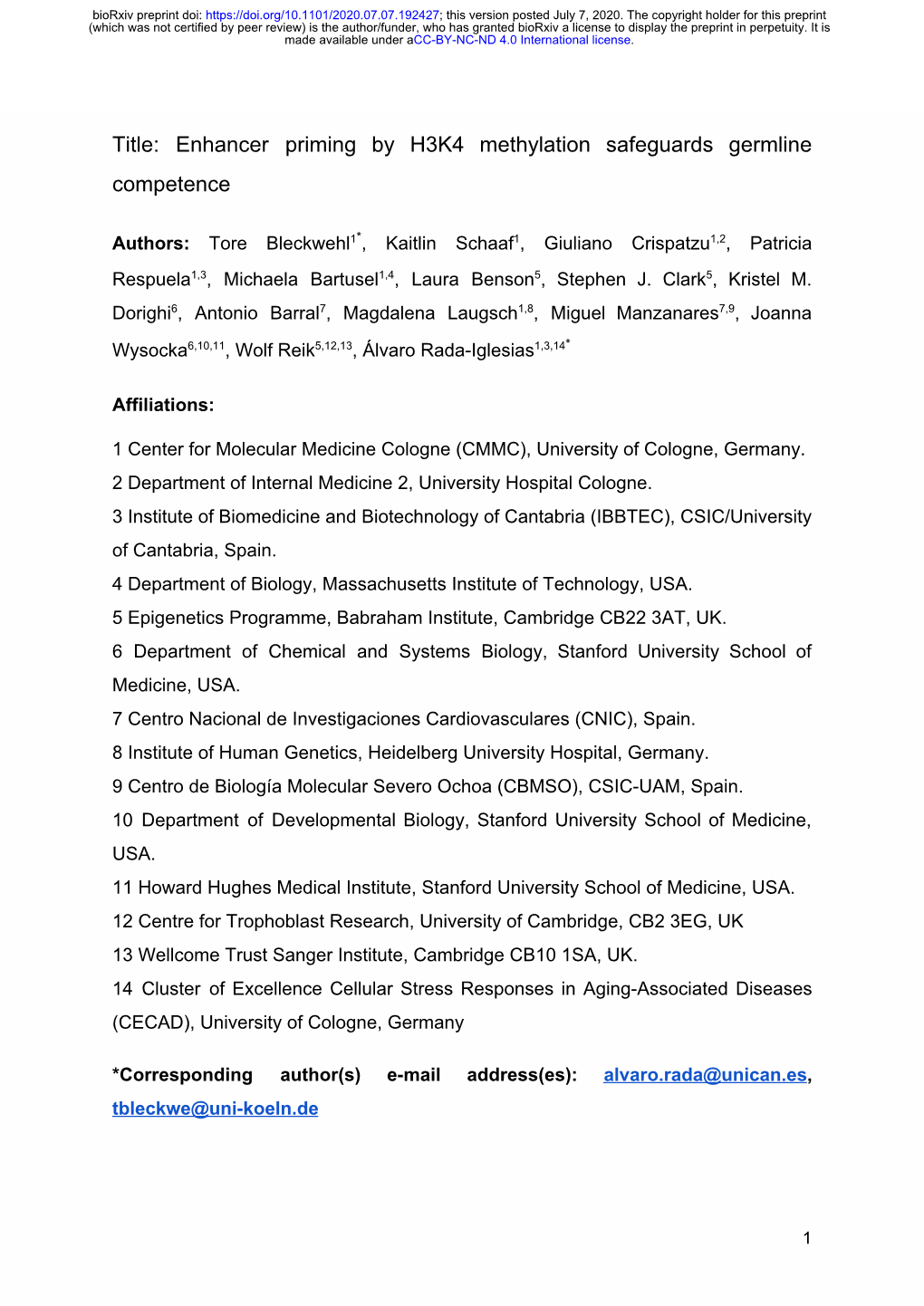 Enhancer Priming by H3K4 Methylation Safeguards Germline Competence