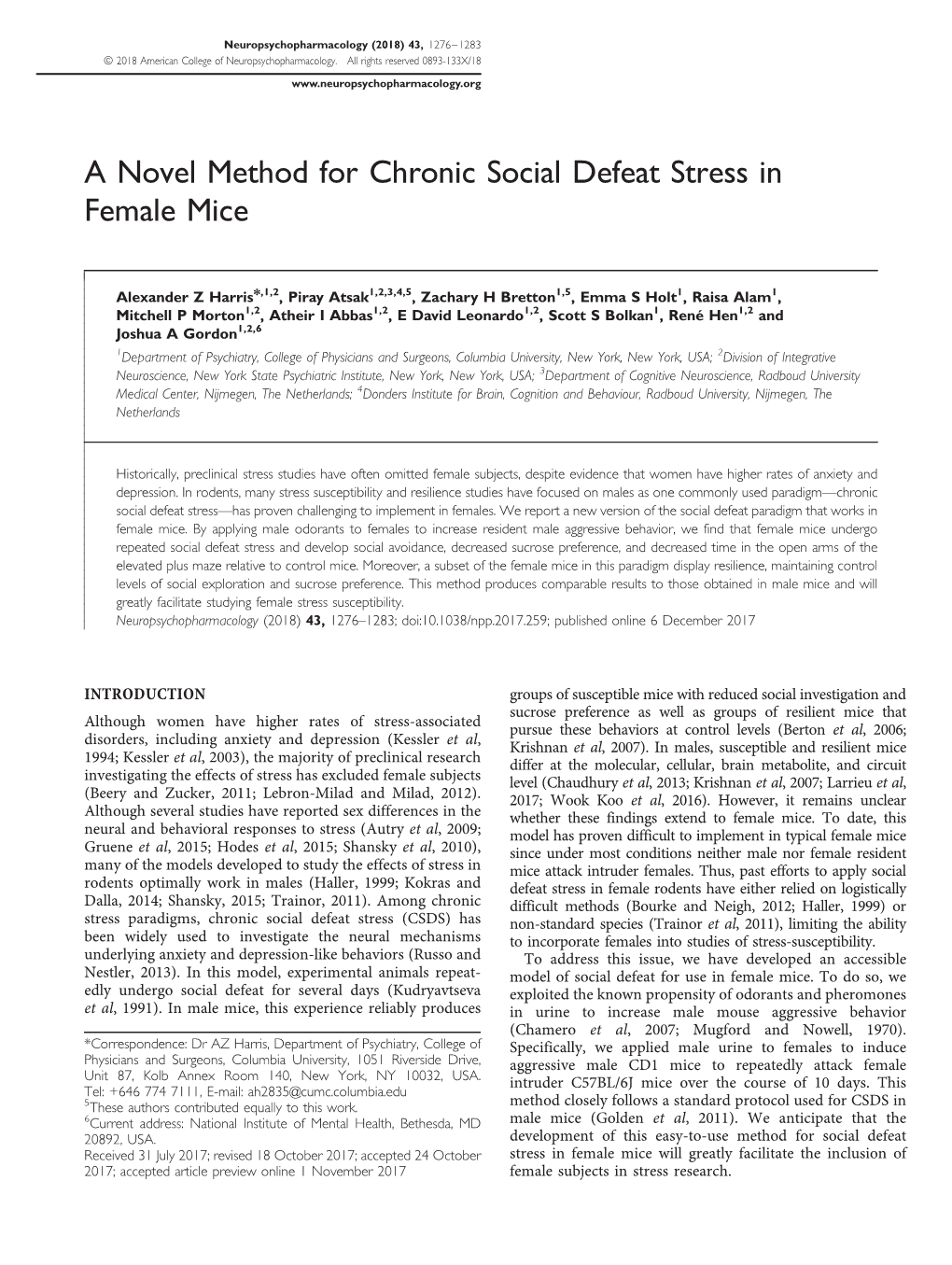 A Novel Method for Chronic Social Defeat Stress in Female Mice