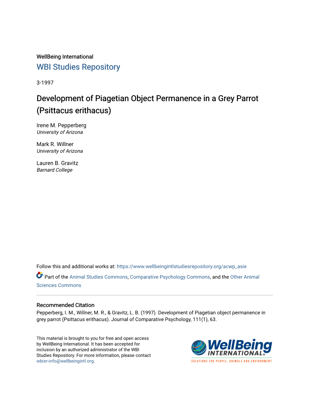 Development of Piagetian Object Permanence in a Grey Parrot (Psittacus Erithacus)