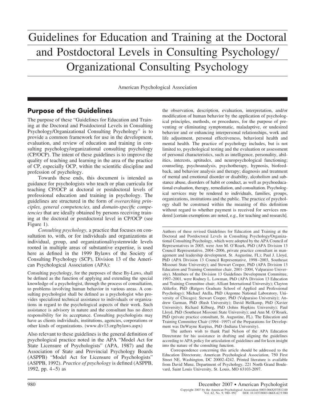 Guidelines for Education and Training at the Doctoral and Postdoctoral Levels in Consulting Psychology/ Organizational Consulting Psychology