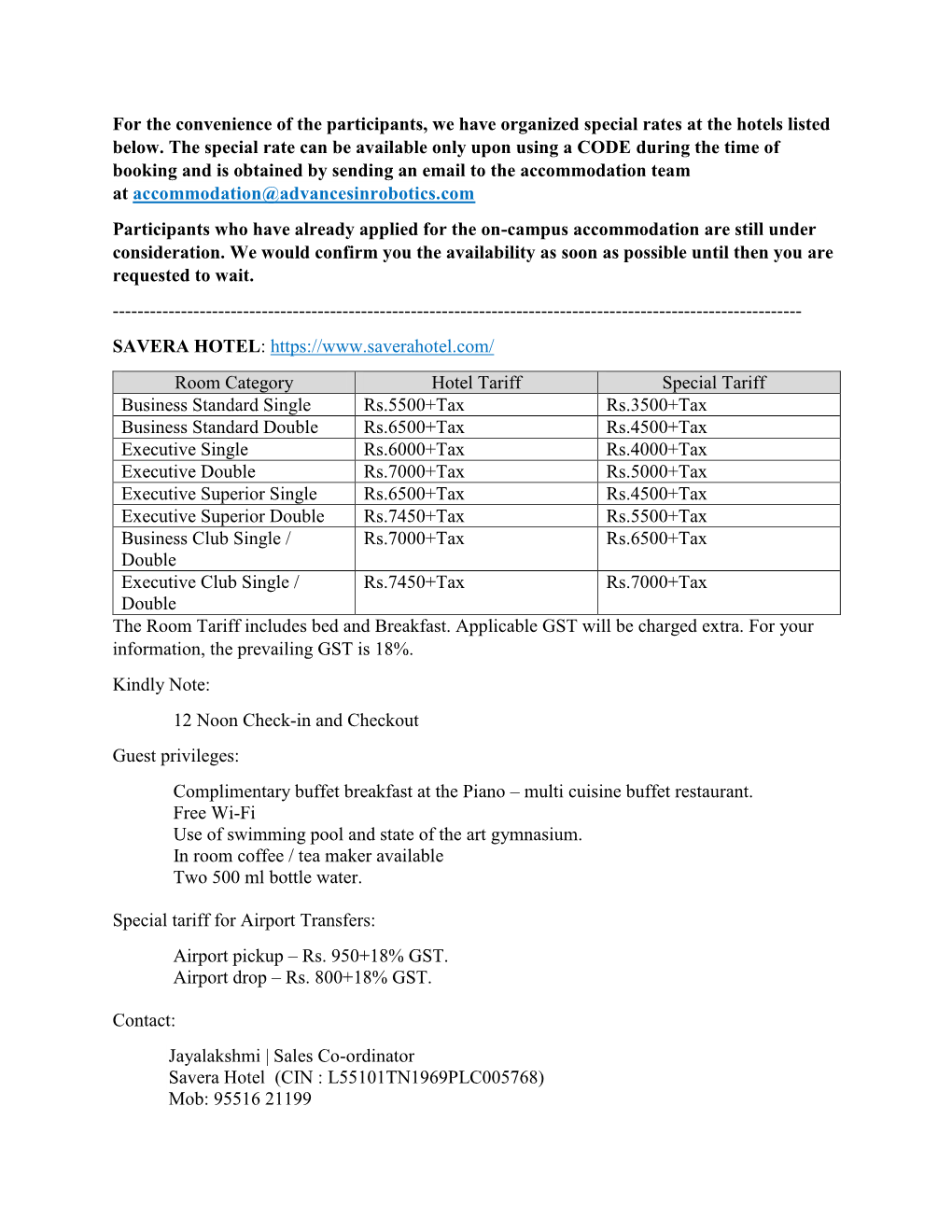 Hotel Tariff