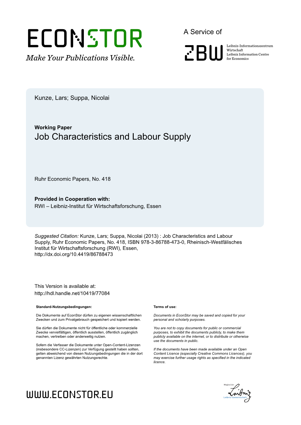 Job Characteristics and Labour Supply