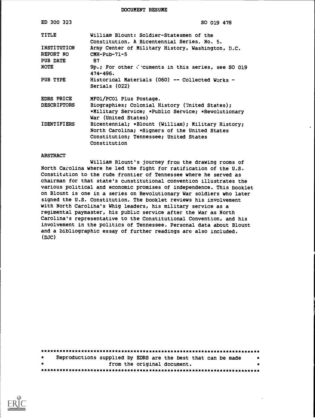 DOCUMENT RESUME ED 300 323 SO 019 478 TITLE William Blount