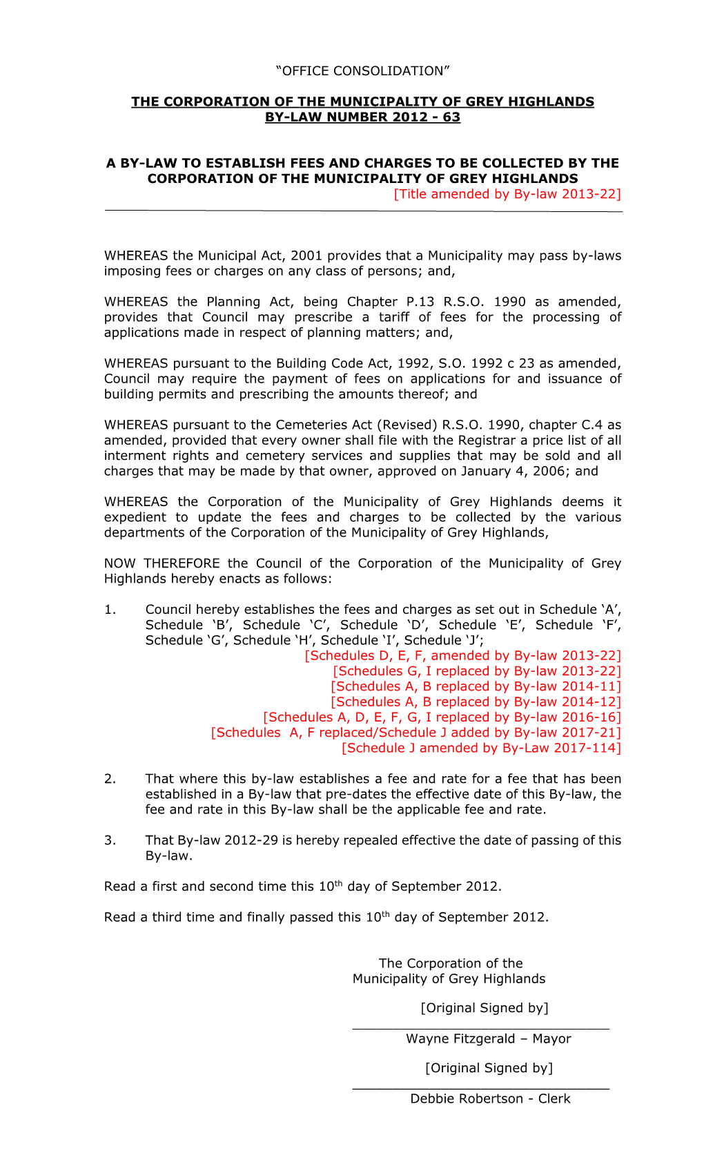 The Corporation of the Municipality of Grey Highlands By-Law Number 2012 - 63