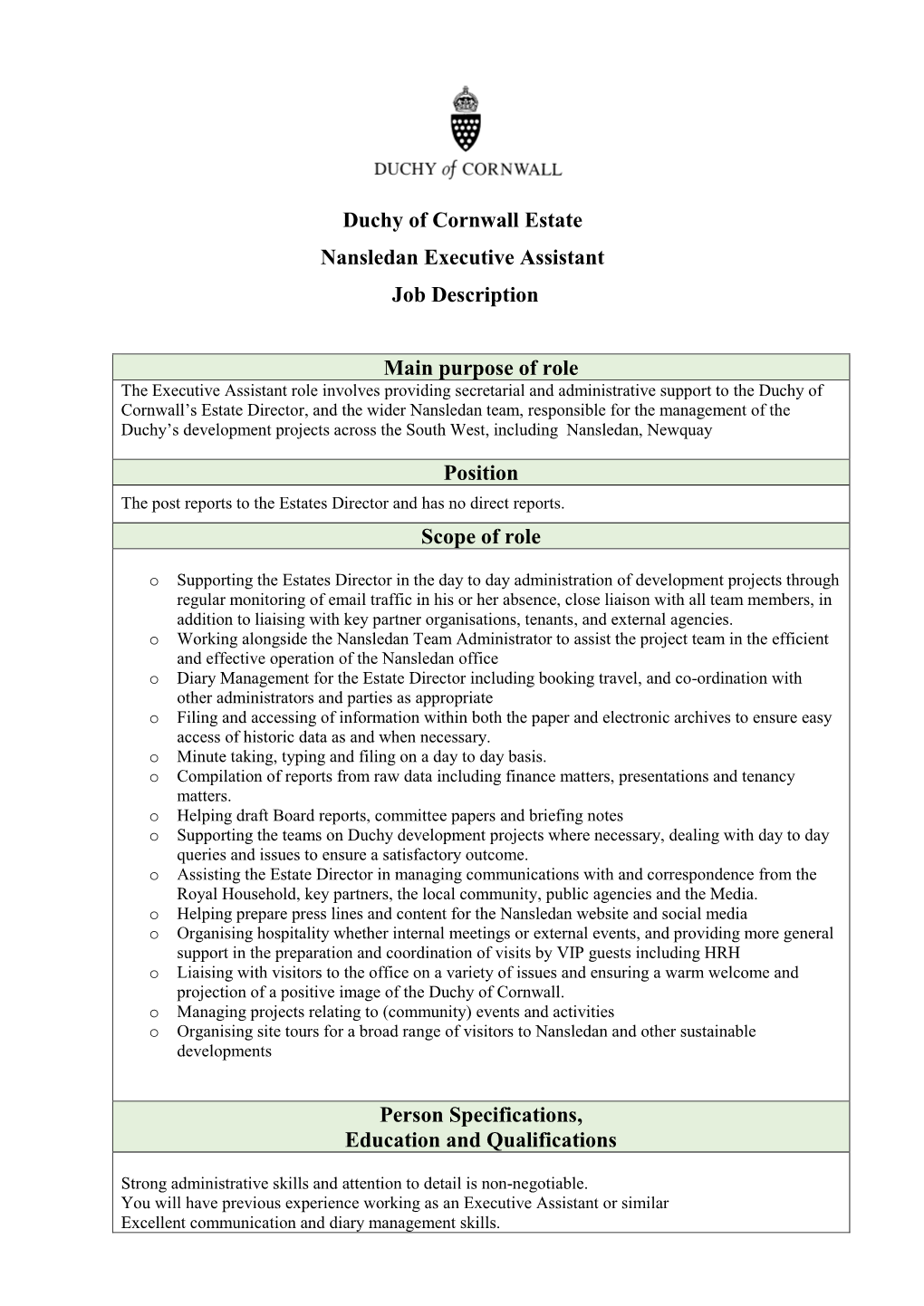 Duchy of Cornwall Estate Nansledan Executive Assistant Job Description