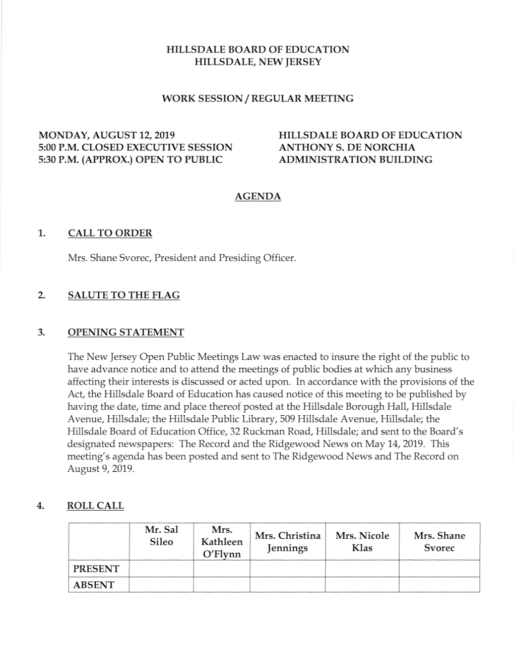 Regular Meeting Monday, August