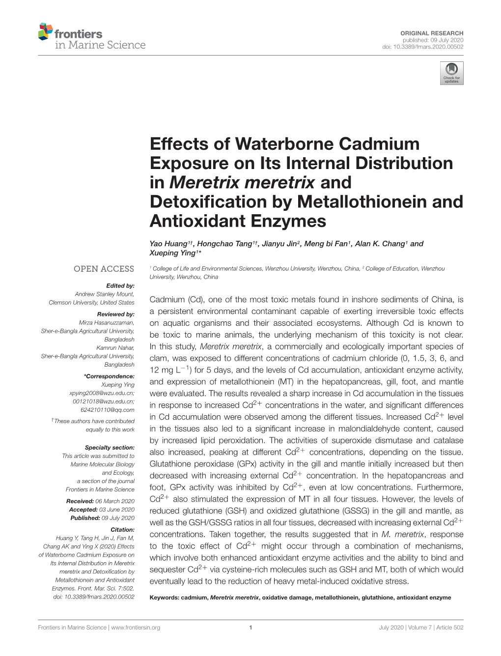 Effects of Waterborne Cadmium Exposure on Its Internal Distribution in Meretrix Meretrix and Detoxiﬁcation by Metallothionein and Antioxidant Enzymes