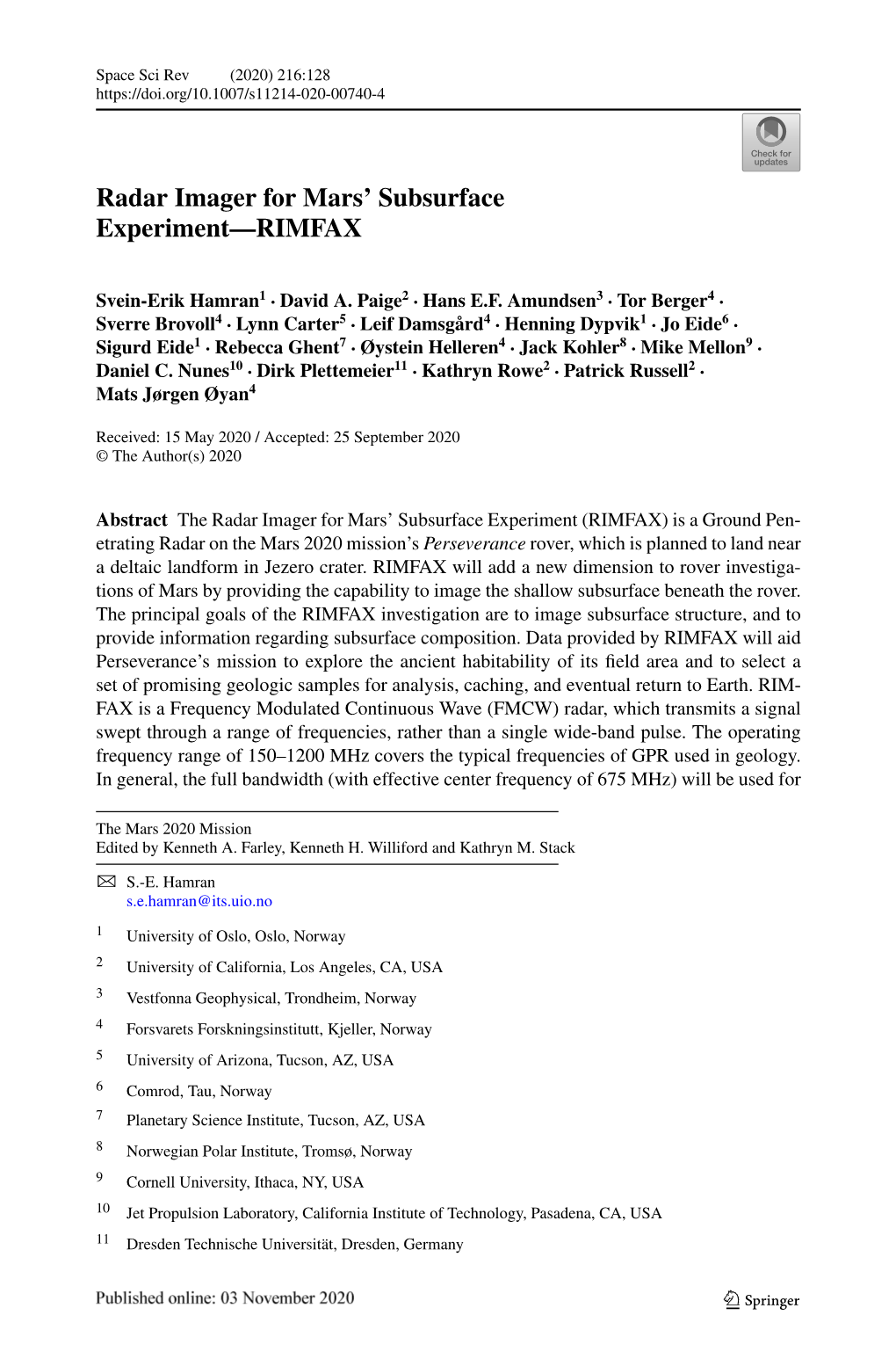 Radar Imager for Mars' Subsurface Experiment—RIMFAX