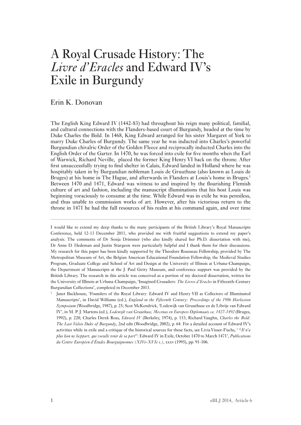 A Royal Crusade History: the Livre D'eracles and Edward IV's Exile In