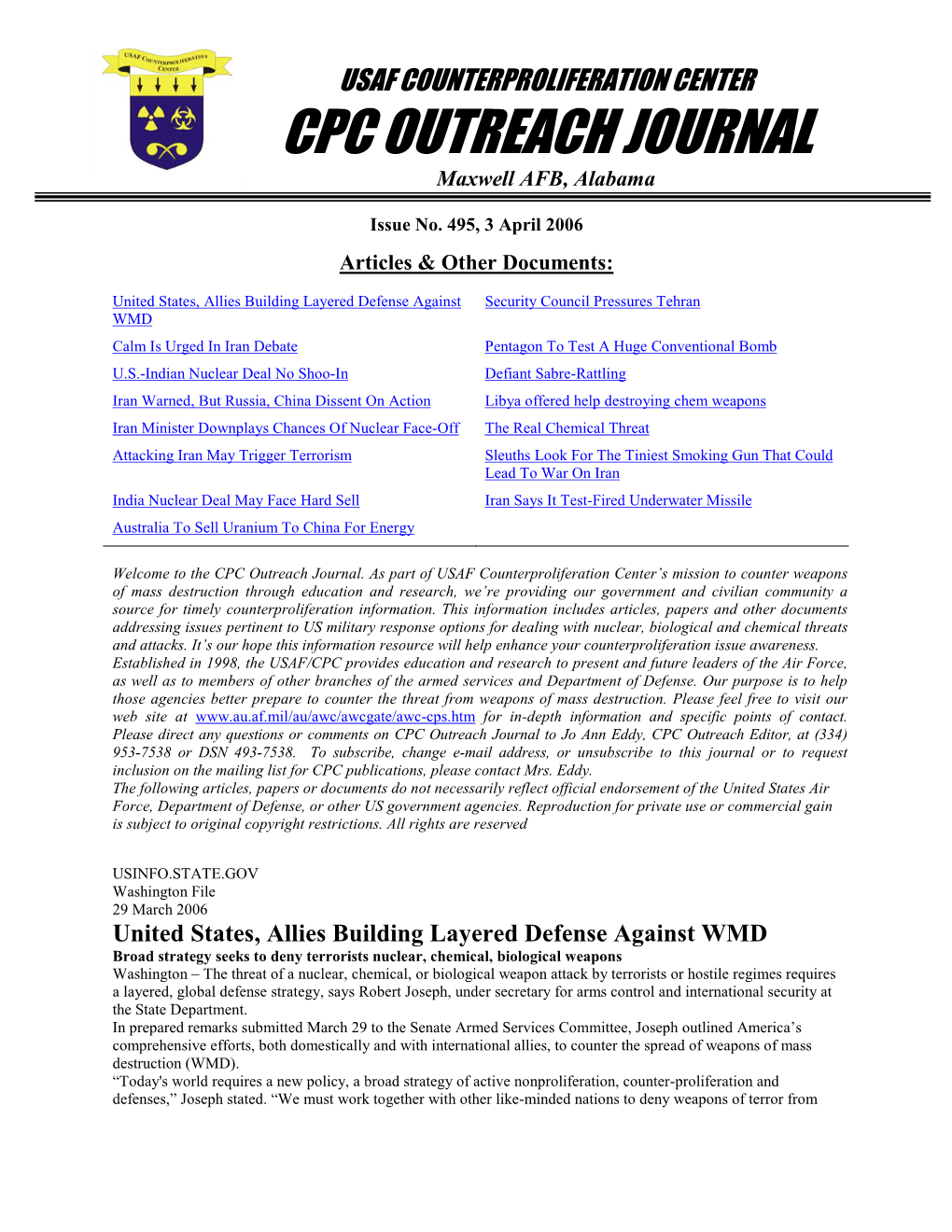 USAF Counterproliferation Center CPC Outreach Journal #495