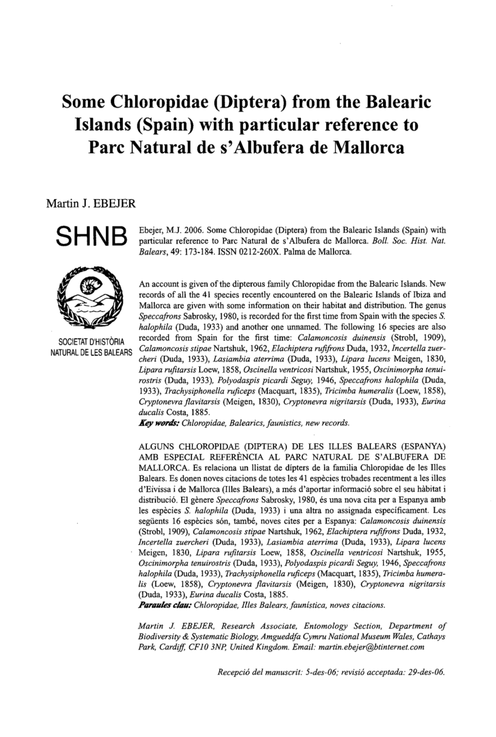 (Diptera) from the Balearic Islands (Spain) with SHNB Particular Reference to Parc Natural De S'albufera De Mallorca