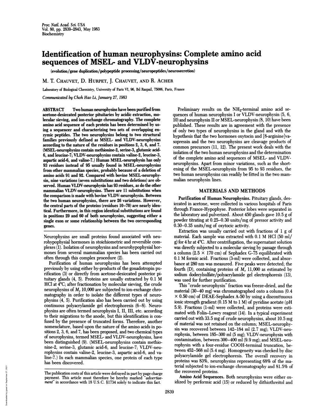 And VLDV-Neurophysins (Evolution/Gene Duplication/Polypeptide Processing/Neuropeptides/Neurosecretion) M