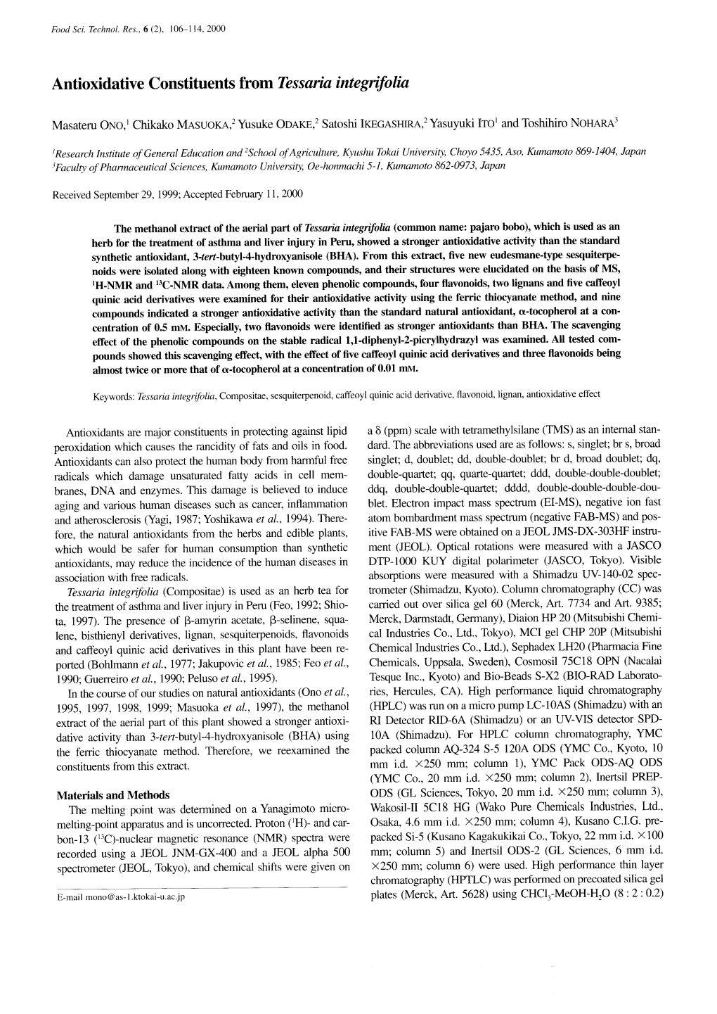 Antioxidative Constituents from Tessaria Integnfolia