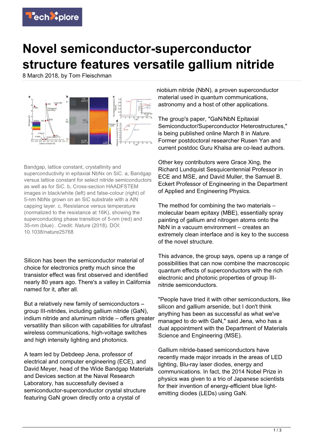 Novel Semiconductor-Superconductor Structure Features Versatile Gallium Nitride 8 March 2018, by Tom Fleischman