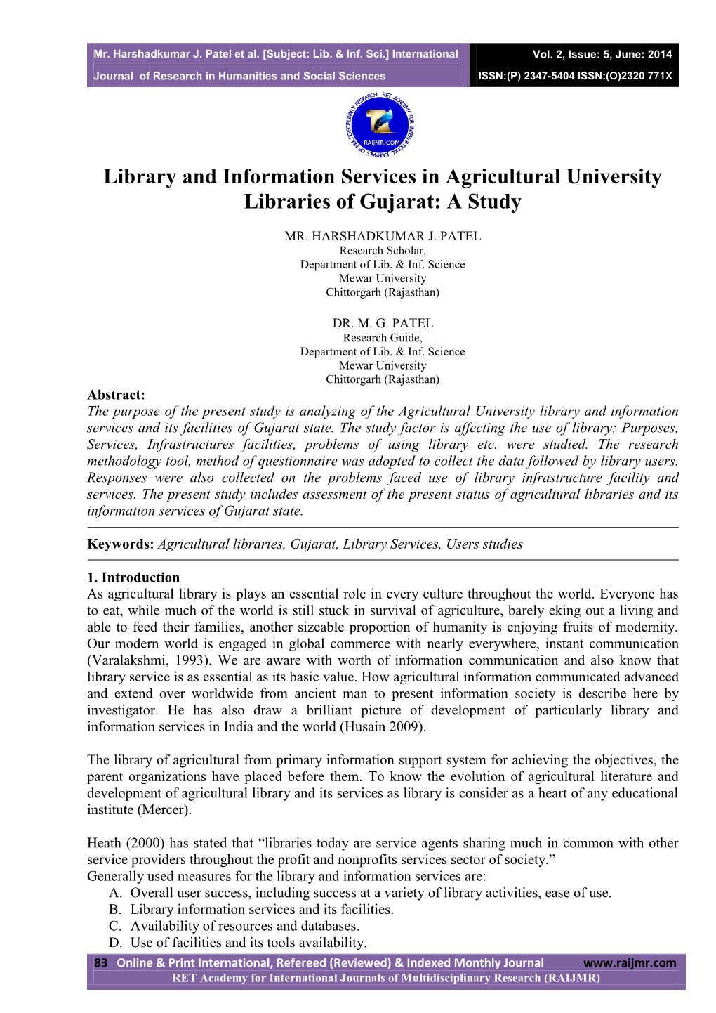 Library and Information Services in Agricultural University Libraries of Gujarat: a Study