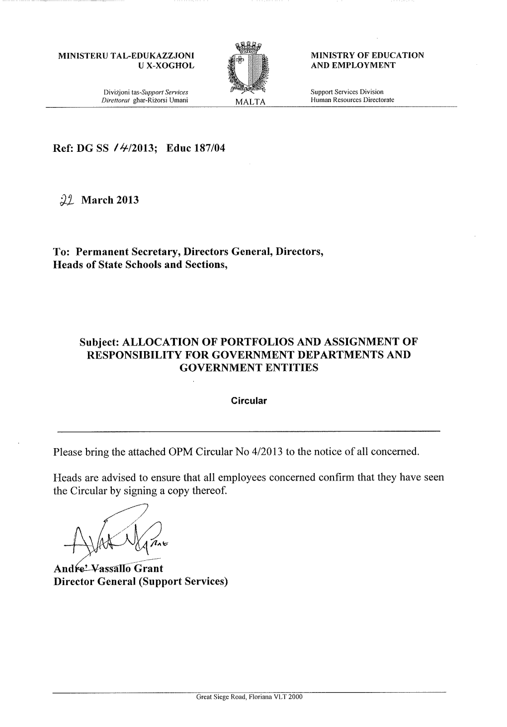 Allocation of Portfolios and Assignment of Responsability for Government Departments and Government Entities