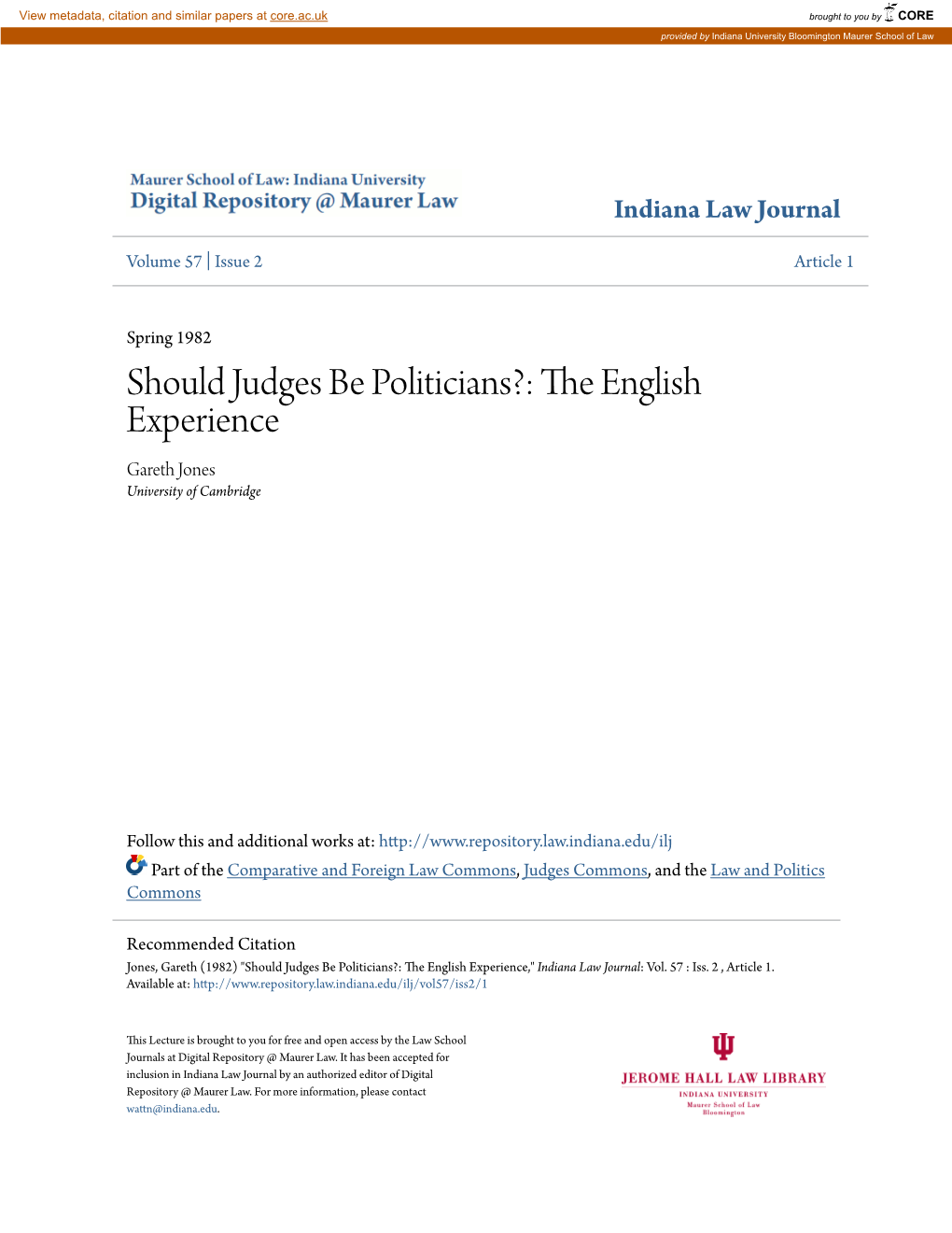 Should Judges Be Politicians?: the English Experiencet