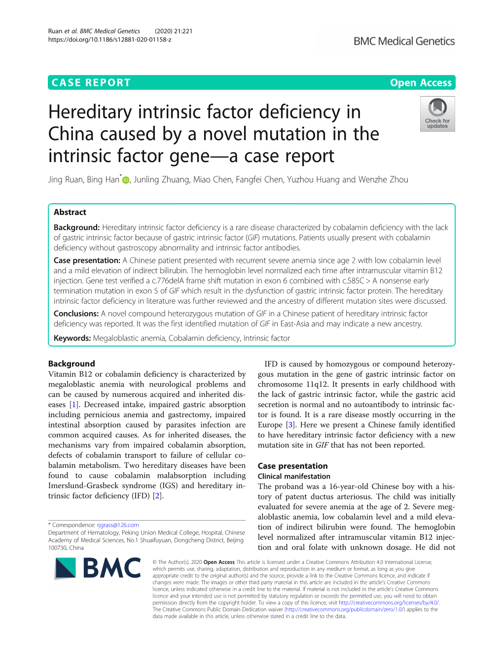 Hereditary Intrinsic Factor Deficiency in China Caused by a Novel Mutation