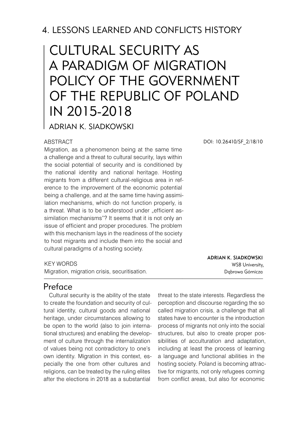 Cultural Security As a Paradigm of Migration Policy of the Government of the Republic of Poland in 2015-2018 Adrian K