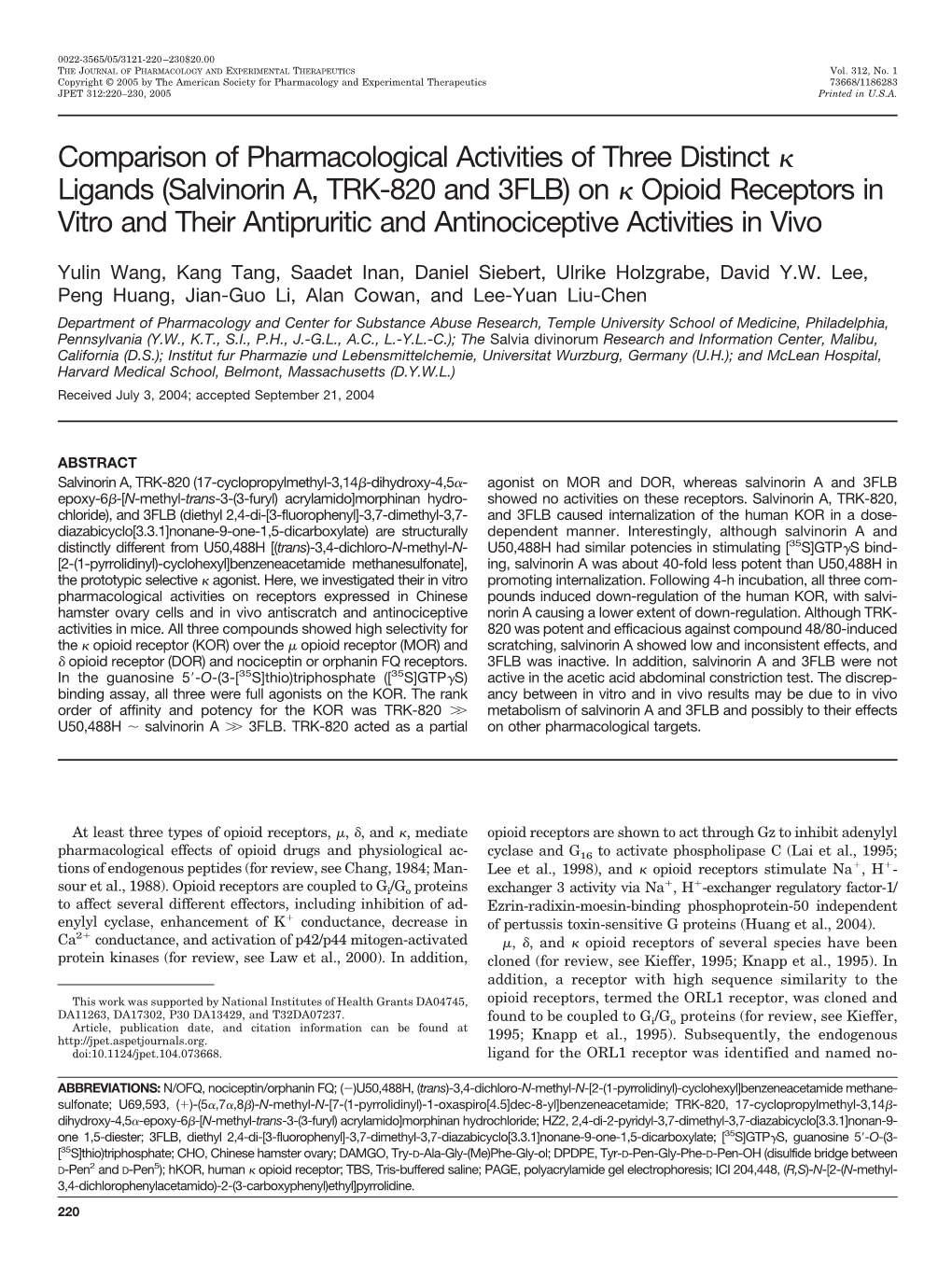 Salvinorin A, TRK-820 and 3FLB) on ␬ Opioid Receptors in Vitro and Their Antipruritic and Antinociceptive Activities in Vivo