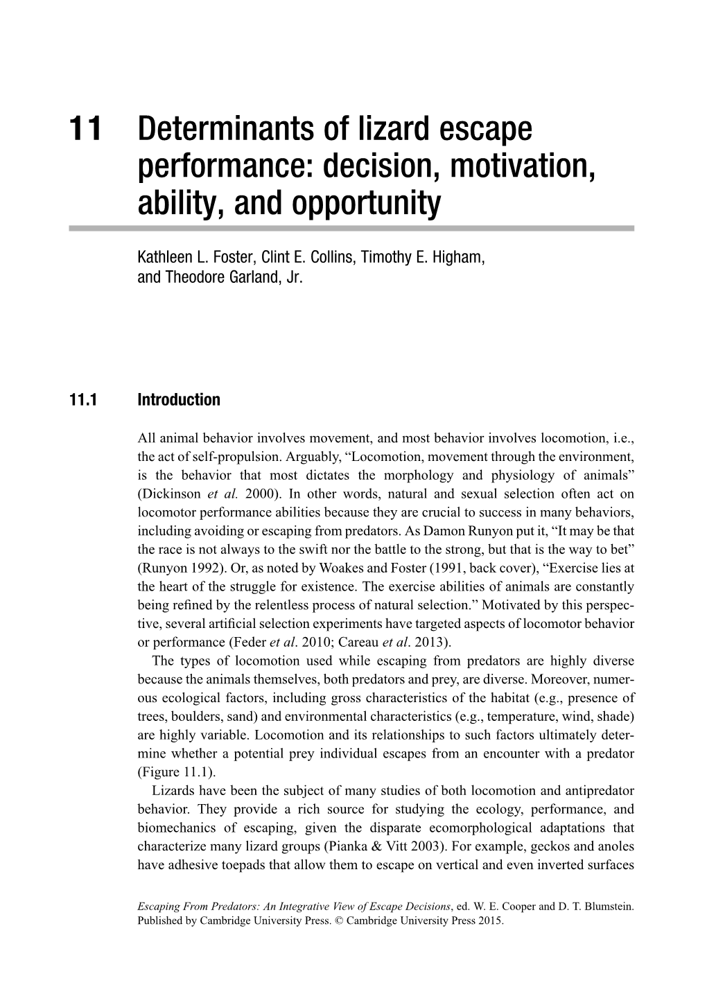 11 Determinants of Lizard Escape Performance: Decision, Motivation, Ability, and Opportunity