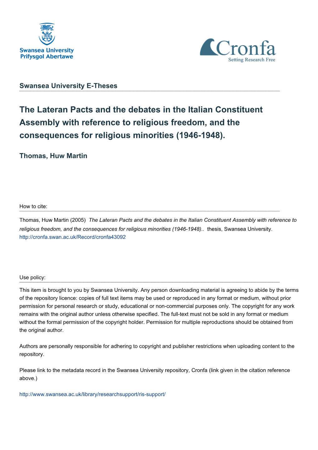 The Lateran Pacts and the Debates in the Italian Constituent Assembly with Reference to Religious Freedom, and the Consequences for Religious Minorities (1946-1948)