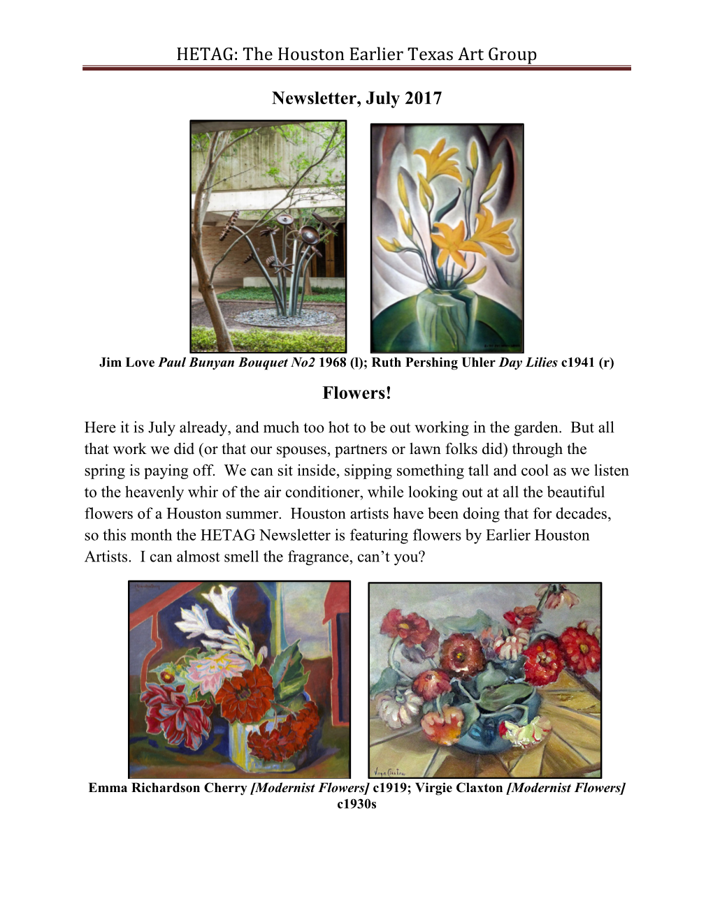 HETAG: the Houston Earlier Texas Art Group Newsletter, July 2017