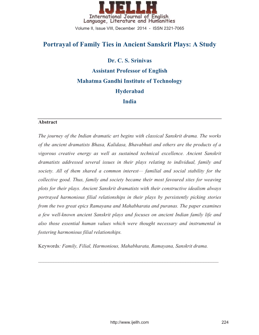 Portrayal of Family Ties in Ancient Sanskrit Plays: a Study