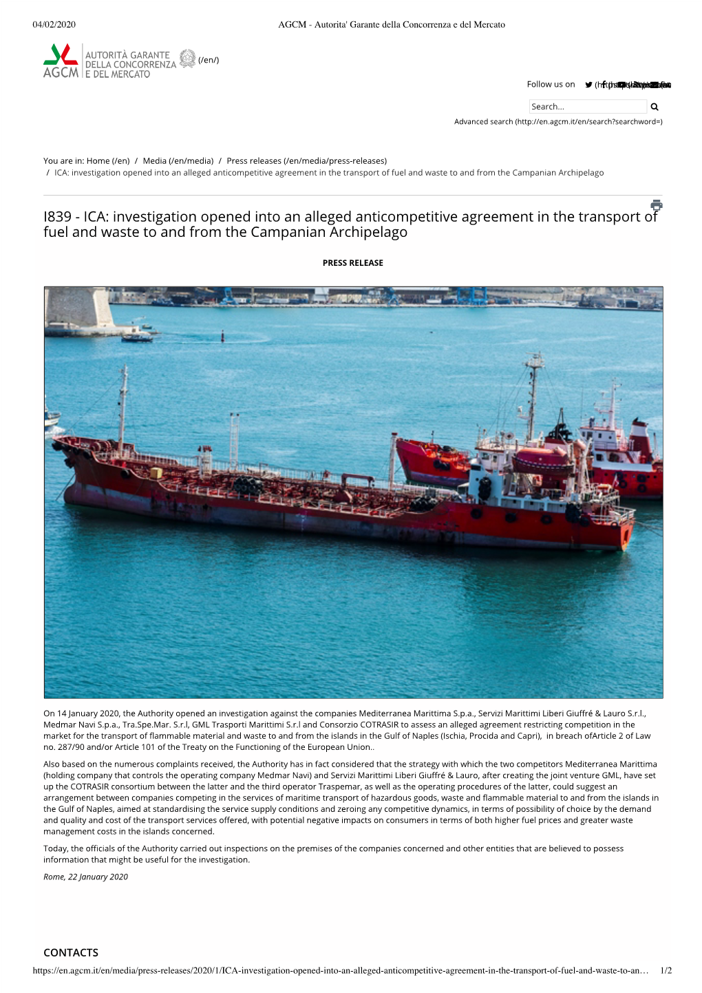 I839 - ICA: Investigation Opened Into an Alleged Anticompetitive Agreement in the Transport of Fuel and Waste to and from the Campanian Archipelago