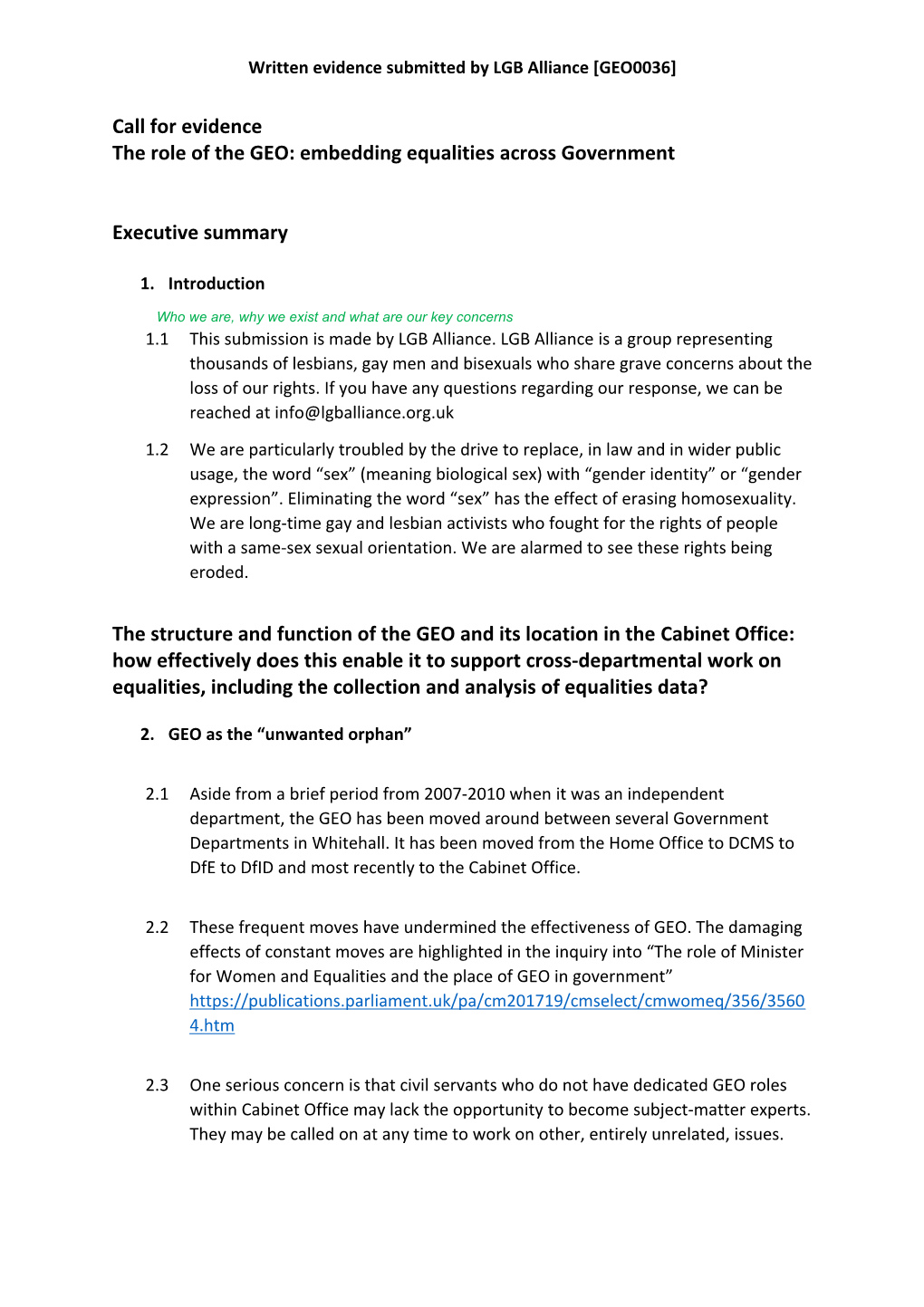 Call for Evidence the Role of the GEO: Embedding Equalities Across Government