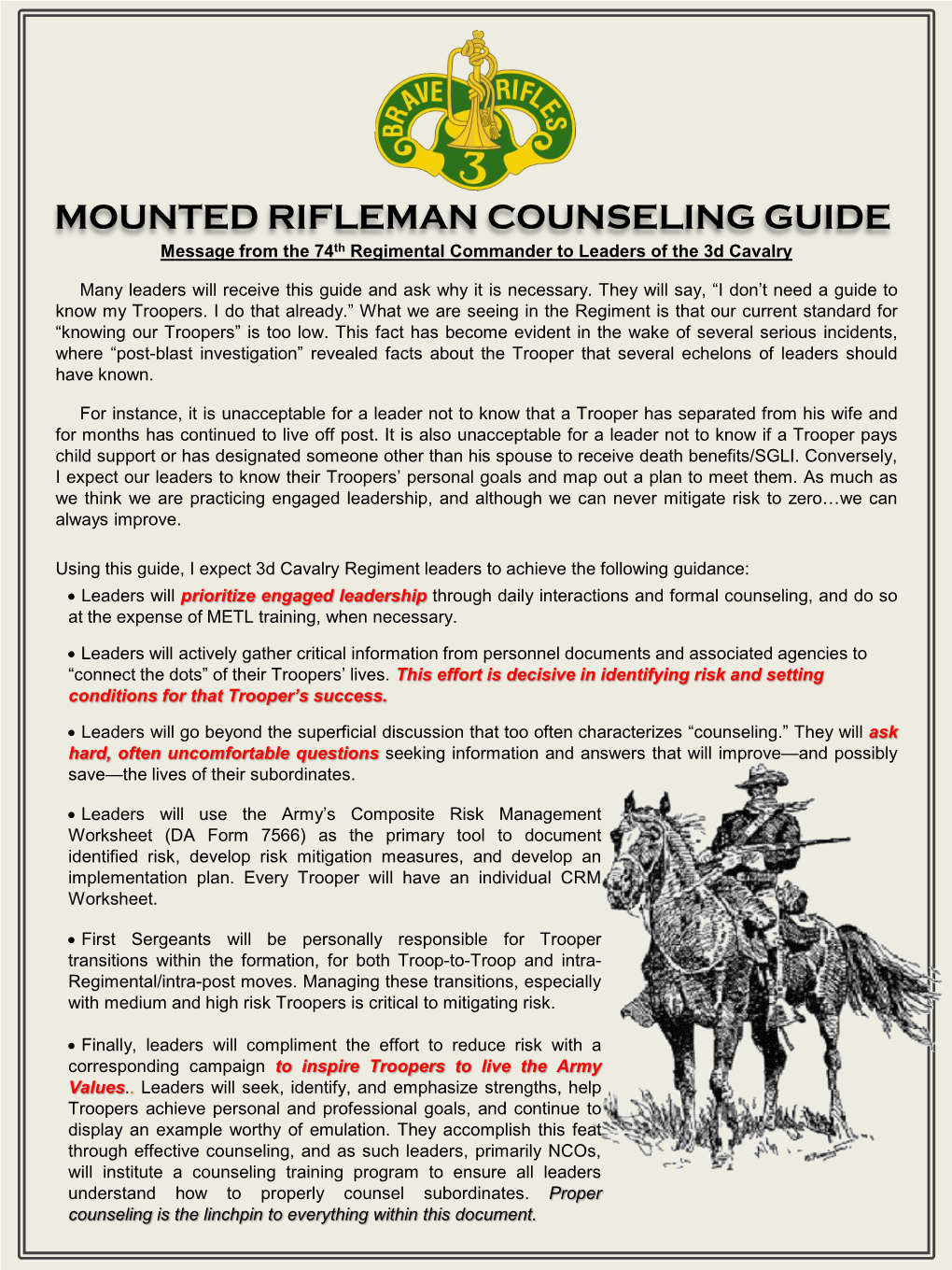 MOUNTED RIFLEMAN COUNSELING GUIDE Message from the 74Th Regimental Commander to Leaders of the 3D Cavalry