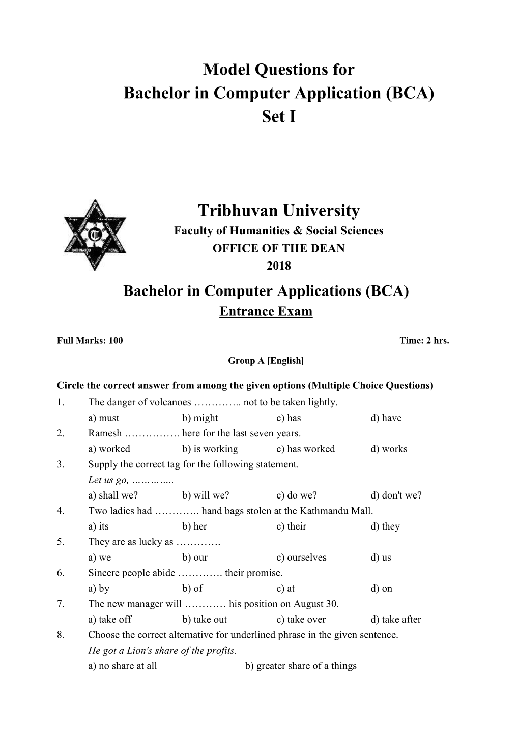 Model Questions for Bachelor in Computer Application (BCA) Set I