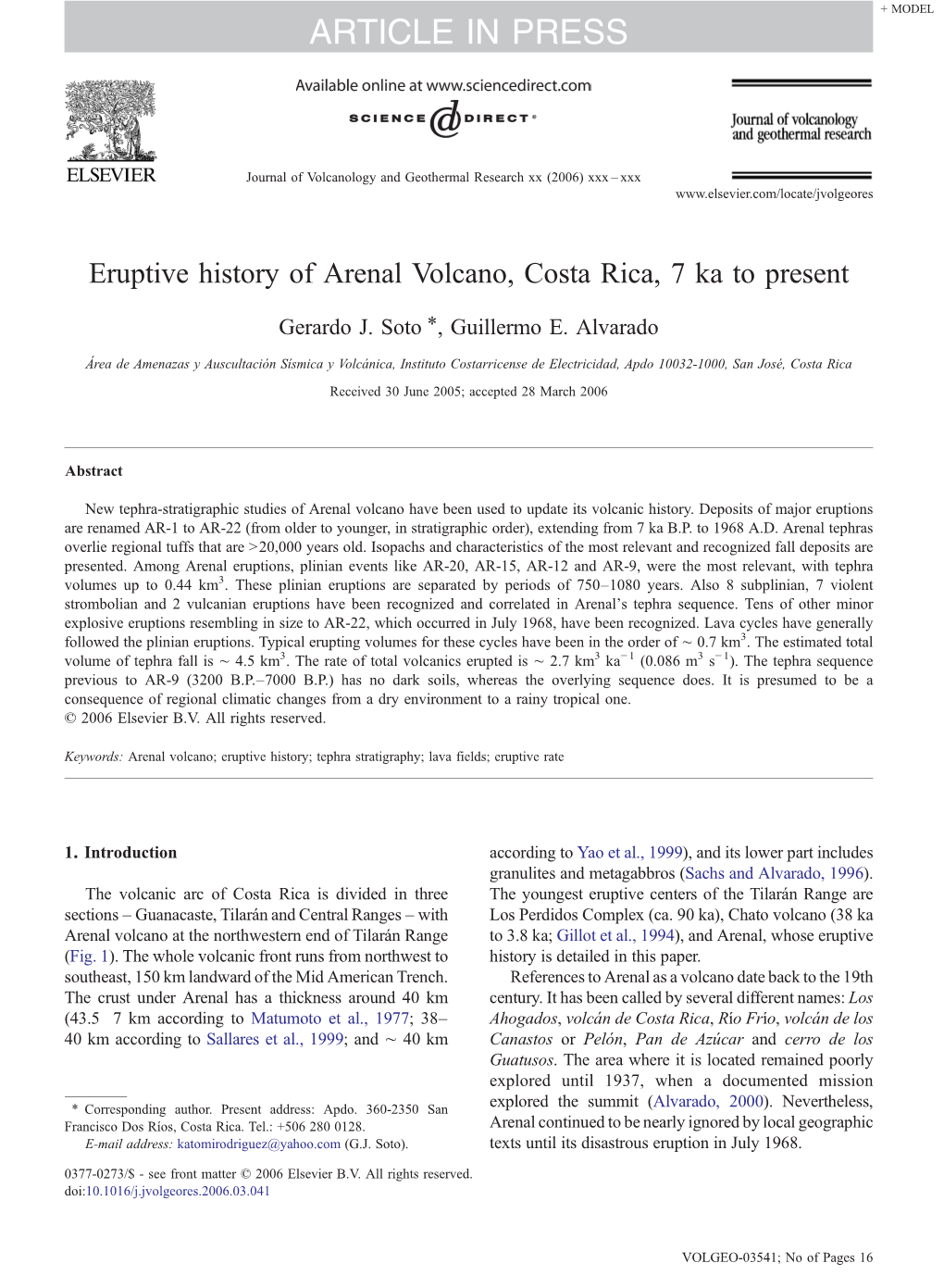 Eruptive History of Arenal Volcano, Costa Rica, 7 Ka to Present