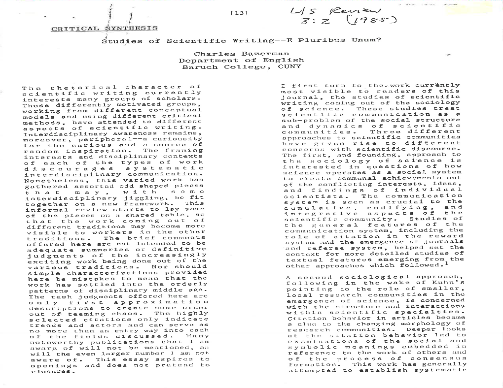 Studies of Scientific Writing--E Pluribus Unum?