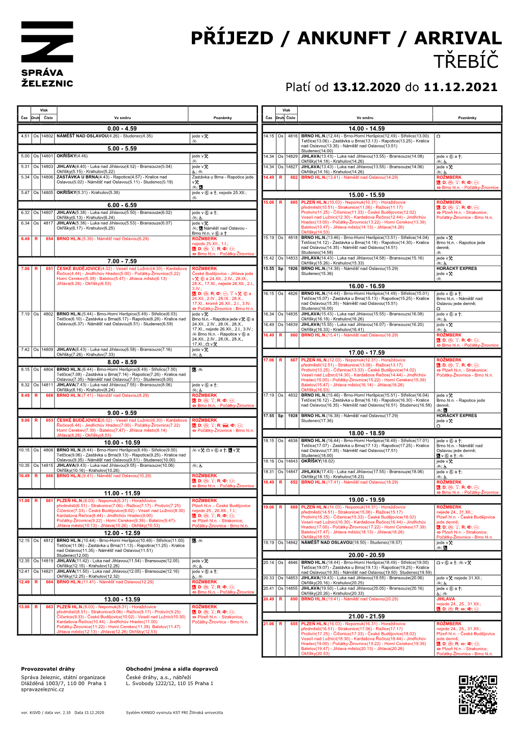 PŘÍJEZD / ANKUNFT / ARRIVAL TŘEBÍČ Platí Od 13.12.2020 Do 11.12.2021