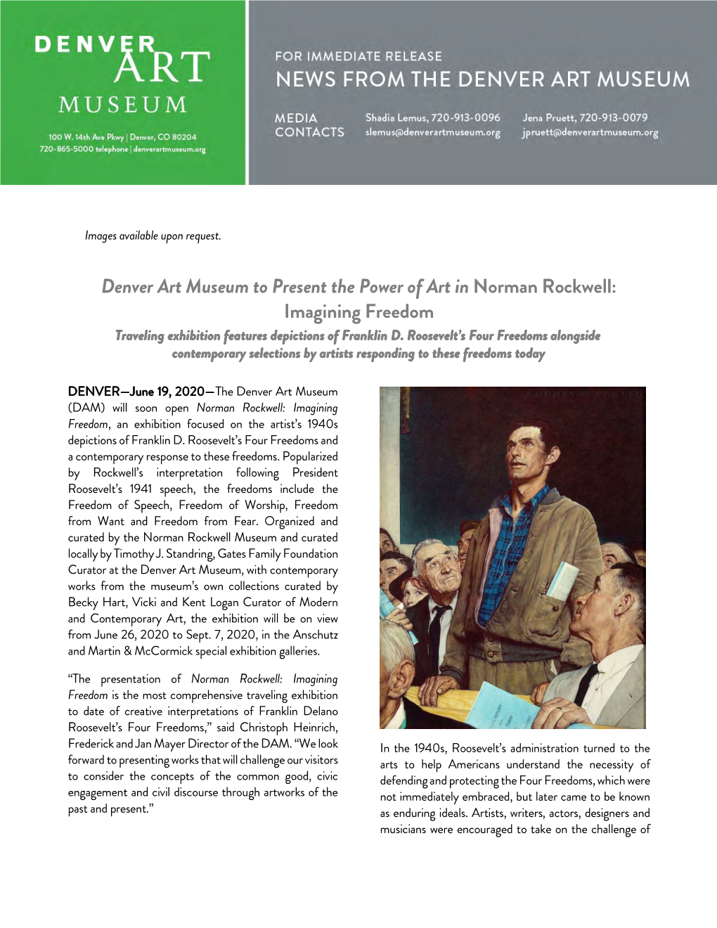 Denver Art Museum to Present the Power of Art in Norman Rockwell: Imagining Freedom Traveling Exhibition Features Depictions of Franklin D