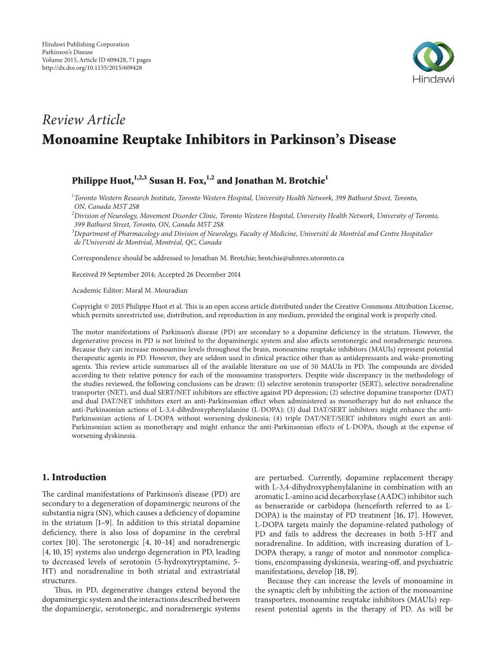 Monoamine Reuptake Inhibitors in Parkinson's Disease